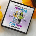 Load image into Gallery viewer, Besties Apparently We're Trouble Necklace With Personalized Message Card (9 Necklace Designs) - Name, Skin, Hair, Clothes, Drink, Background and Quote can be customized
