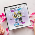 Load image into Gallery viewer, Besties Apparently We're Trouble Necklace With Personalized Message Card (9 Necklace Designs) - Name, Skin, Hair, Clothes, Drink, Background and Quote can be customized