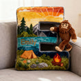 Load image into Gallery viewer, “Adventure Awaits” - Sasquatch Camping Alphabet Initial Letter Pillow - Personalized Gift for Camping Lovers & Bigfoot Seekers