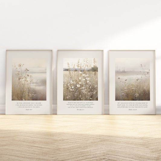 Christian Proverb 3:5-6 Scripture Quote Vintage Botanical Artwork, Neutral Wildflower Field Bible Verse Wall Art Gallery Set of 3, Room Decor, Unframed