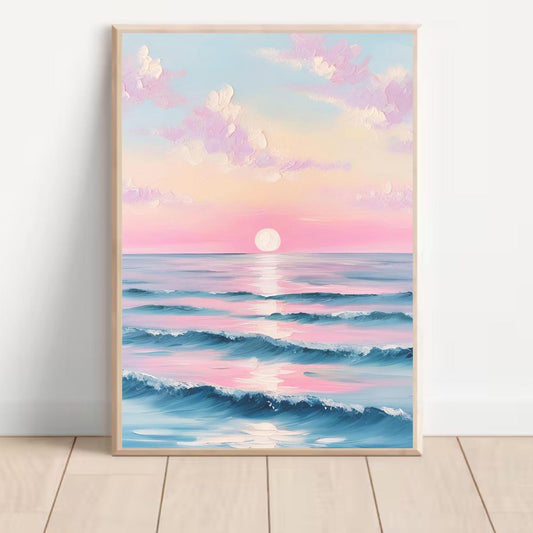 Beach Sunrise Trendy Coastal Art Poster Pink Blue Pastel Sunset Printing Girly Print Aesthetic Beachy Wall Art Dorm Room Decor Beach House, Room Decor, Unframed – 5 Size, 8x12 to 27x40 inch