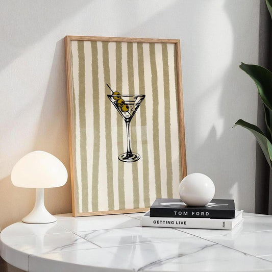 Martini Glass Stripes Wall Art Print, Retro Kitchen Decor Poster Unframed - 5 size, 8x12 to 27x40