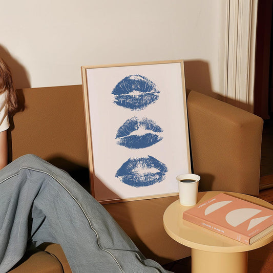 Room Decor, Unframed Navy Blue Wall Art Aesthetic Kiss Lips Print 5 size, 8x12 to 27x40 inch