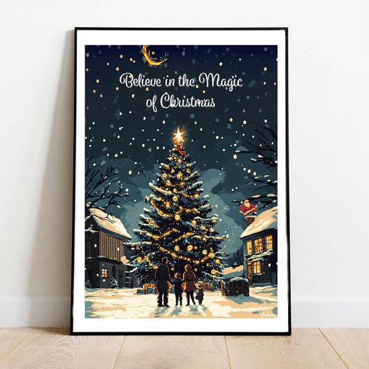 Christmas Tree Poster: Magic Holiday Village Art Print, Room Decor, Unframed – 5 size, 8x12 to 27x40 inch