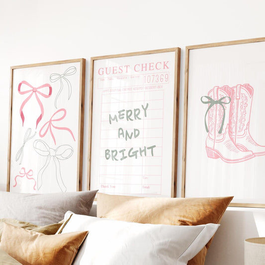 Girly Christmas Wall Art Set of 3 – Trendy Pink Holiday Prints, Cute Coquette Christmas Aesthetic, Festive Room Decor, Unframed