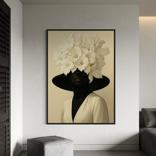 African American Floral Crown Art – Black Girl Wall Art, Urban Flowerhead Portrait Poster, Modern Black Woman Decor, Unframed
