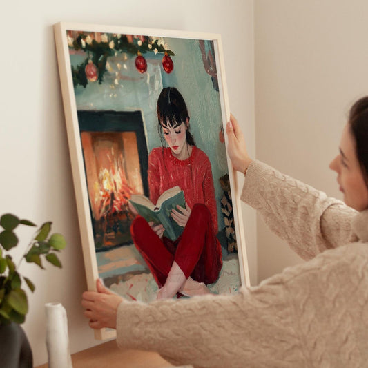 Unframed, Room Decor, Winter Home Decor, Girly Winter Print, Preppy Christmas Room Decor, Cozy Christmas Reading Nook Poster, Girl with Book Art