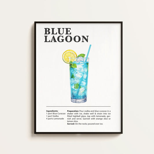 Blue Lagoon Poster, Blue Lagoon Recipe, Cocktail Print, Bar, Kitchen Art, Blue Lagoon Lover Gift, Cocktail Wall Art Gift, Unframe