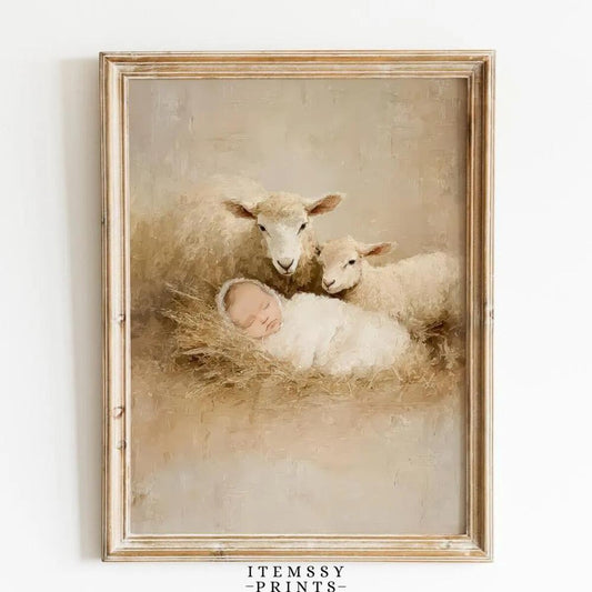 Nativity Baby Jesus with Lambs Art Print – Neutral Rustic Farmhouse Christmas Wall Decor, Christian Holy Religious Print, Unframed