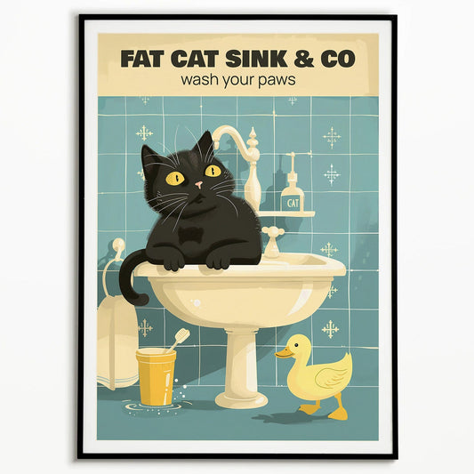 Fat Cat Funny Sink Bathroom Print, Bathroom Decoration Print Animal Picture Wash Your Paws Poster Vintage Wall Art Toilet Restroom Decor, Unframed