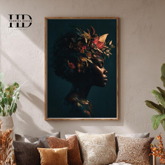 Black Woman Floral Art Print – Modern Surrealist Portrait Poster, Stylish Room Decor, Unframed