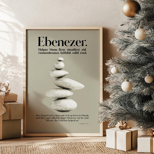 Ebenezer Stone Print – Sage Green Biblical Christian Wall Art, Scripture Inspired Poster, Faith-Based Home Decor, Room Decor, Unframed