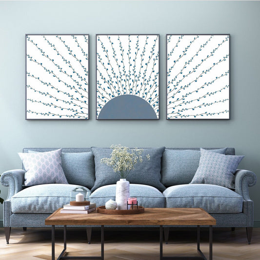 Boho Wall Art Denim Blue Sun with Wildflower Vines 3 Piece Wall Art Cottagecore Wall Art Set of 3 Digital Prints Boho Decor, Room Decor, Unframed – 5 Size, 8x12 to 27x40 inch