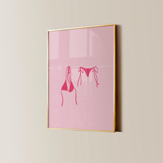Bikini on Clothesline Print, Coastal Beachy Dorm Room Poster, Trendy Beach House Wall Art, College Apartment Decor, Girly Preppy Aesthetic, Room Decor, Unframed