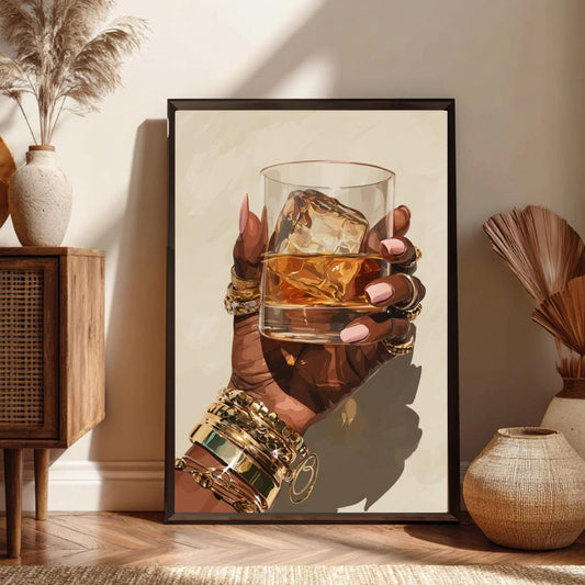 Black Woman Whiskey Art Print – Stylish Bar Room Poster, Contemporary Home Decor Wall Art, Unframed