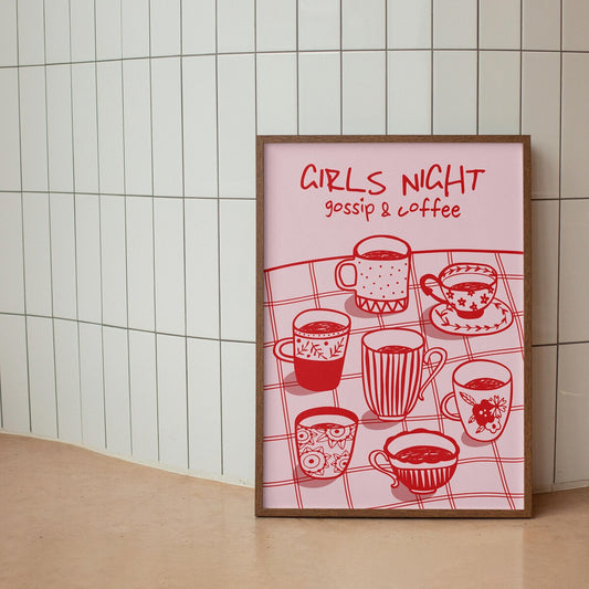Girls Night Coffee & Gossip Mugs Pattern Print, Tea Time Party Poster, Pink Red Drinks CoffeeBar Cafe Kitchen Galentine's Day Gift Idea, Unframe