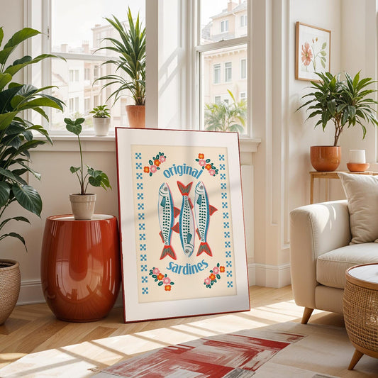 Original Sardines Wall Art – Mediterranean Fish Kitchen Poster, Retro Coastal Decor, Housewarming Gift, Unframed