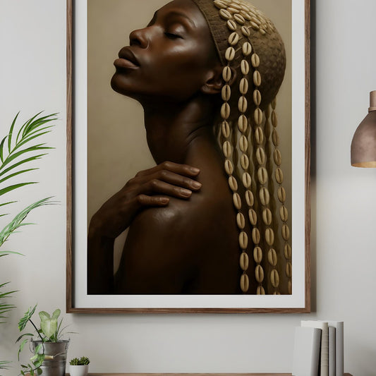 Tribal Modern African Woman Art – Cowrie Shell Portrait, Beaded Melanin Decor, Afrocentric Wall Art, Room Decor, Unframed