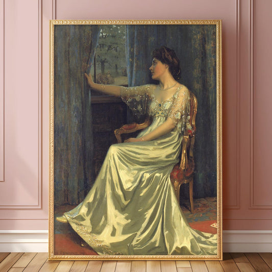 Elegant Woman Looking Out Window, Romantic Victorian Vintage Fine Art Print, Moody Wall Decor, Unframed