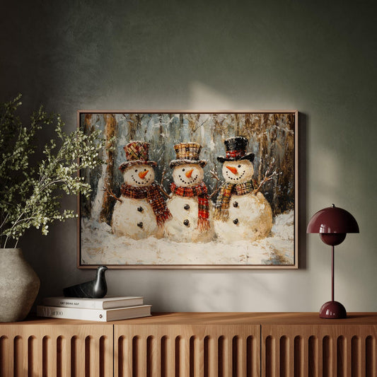Farmhouse, And Holiday Home Decor, Festive Snowman Trio Poster Wall Art - Whimsical Winter Printing for Rustic Christmas, Room Decor, Unframed – 5 size, 8x12 to 27x40 inch