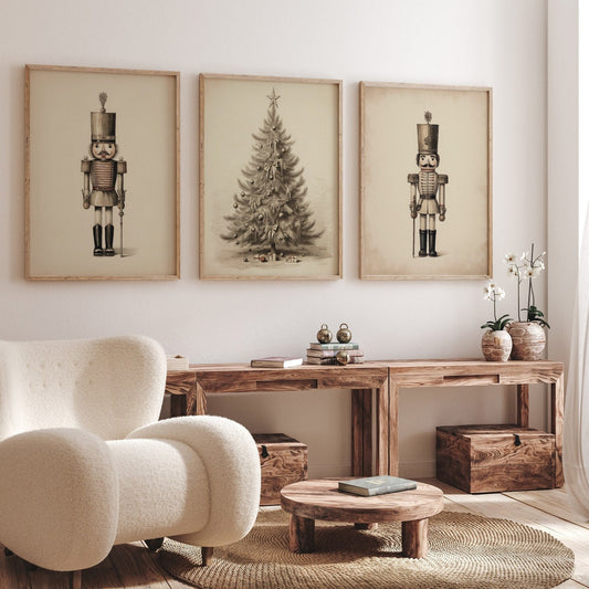 Minimalist Set of 3 Christmas Prints. Gallery Set Nutcrackers Christmas Decorations. Vintage Xmas Home Decor Room Decor, Unframed | 5 Size, 8x12 to 27x40 inch