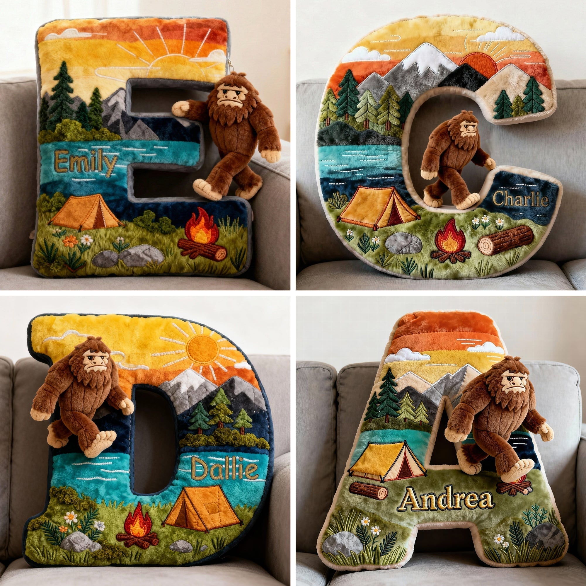 “Adventure Awaits” - Sasquatch Camping Alphabet Initial Letter Pillow - Personalized Gift for Camping Lovers & Bigfoot Seekers