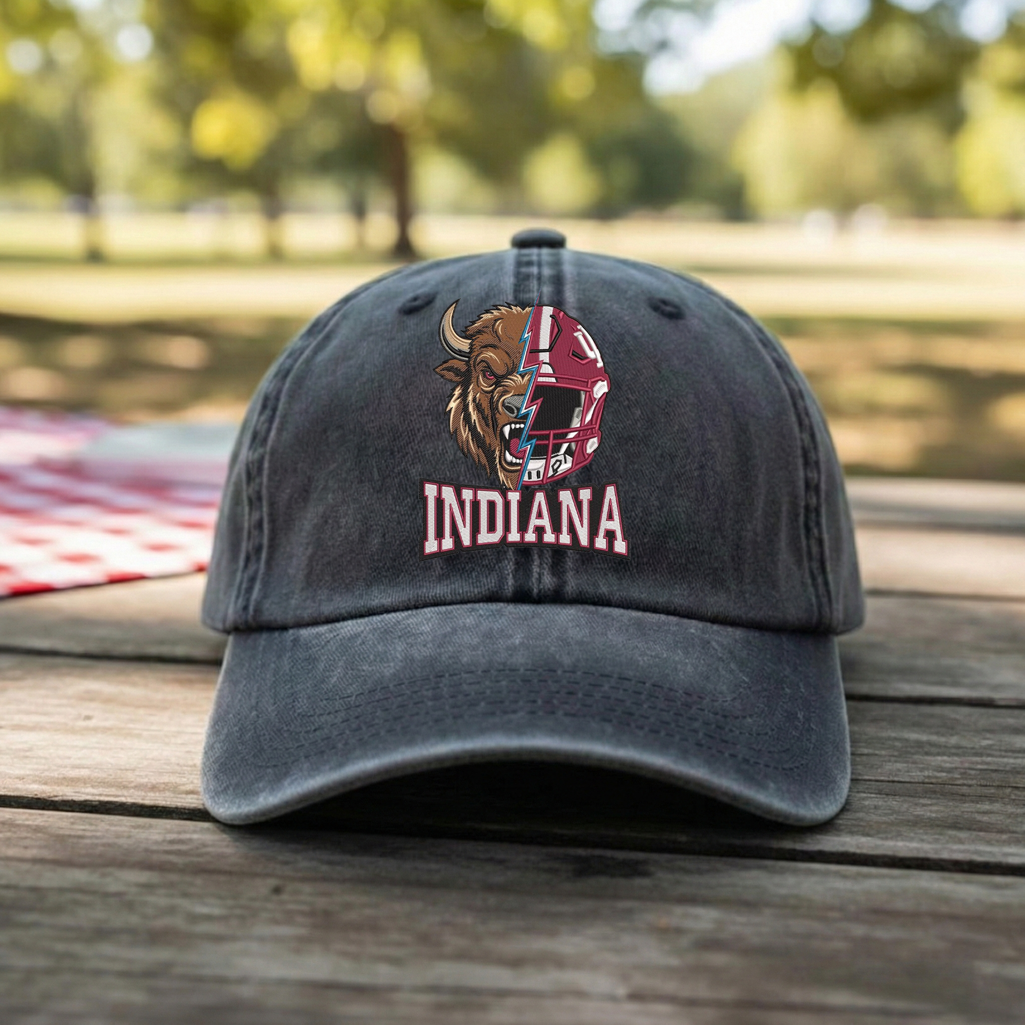 Embroidered Indiana Hoosiers Mascot And Helmet Vintage Style Trucker Hat, Dyed Cap
