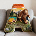 Load image into Gallery viewer, “Adventure Awaits” - Sasquatch Camping Alphabet Initial Letter Pillow - Personalized Gift for Camping Lovers & Bigfoot Seekers
