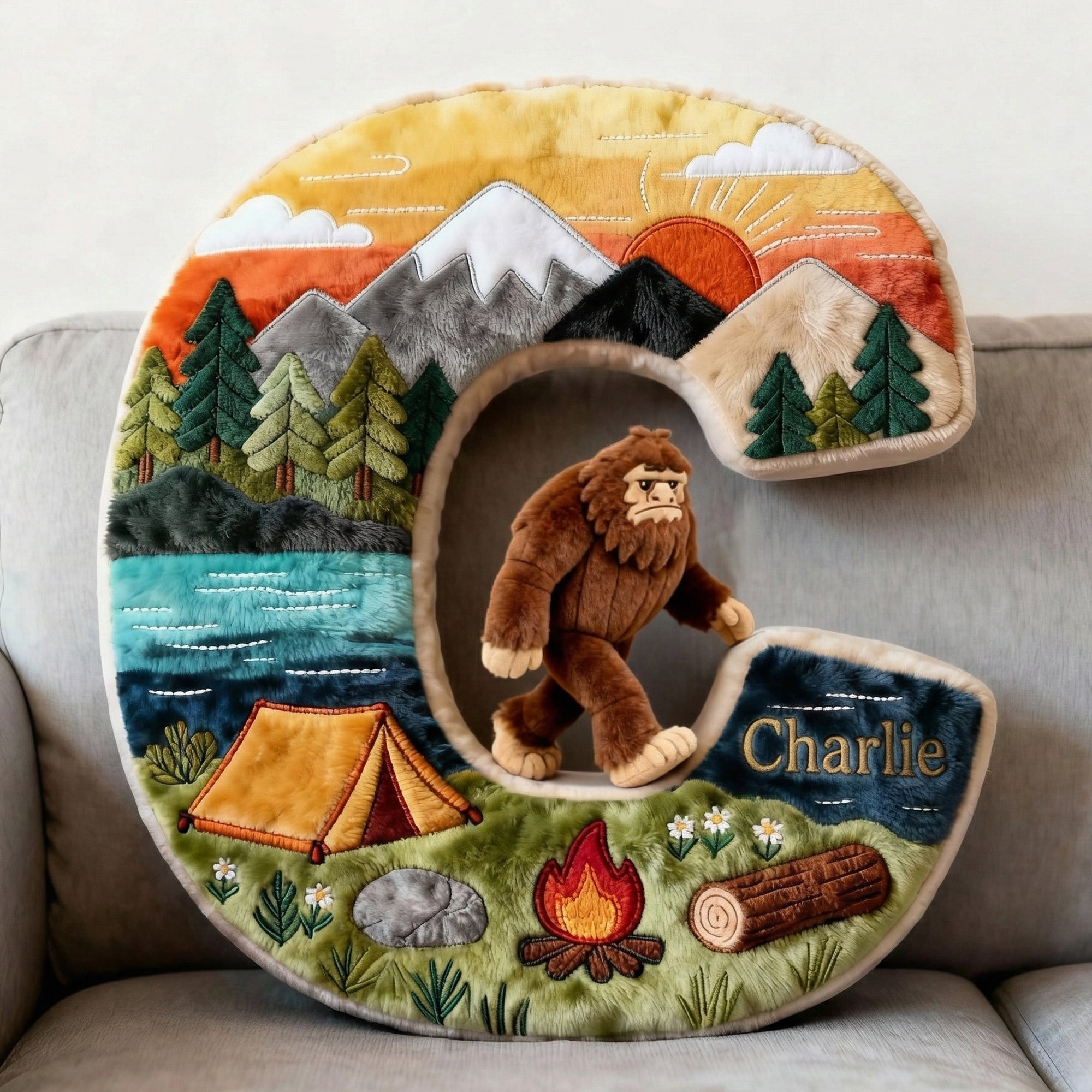 “Adventure Awaits” - Sasquatch Camping Alphabet Initial Letter Pillow - Personalized Gift for Camping Lovers & Bigfoot Seekers