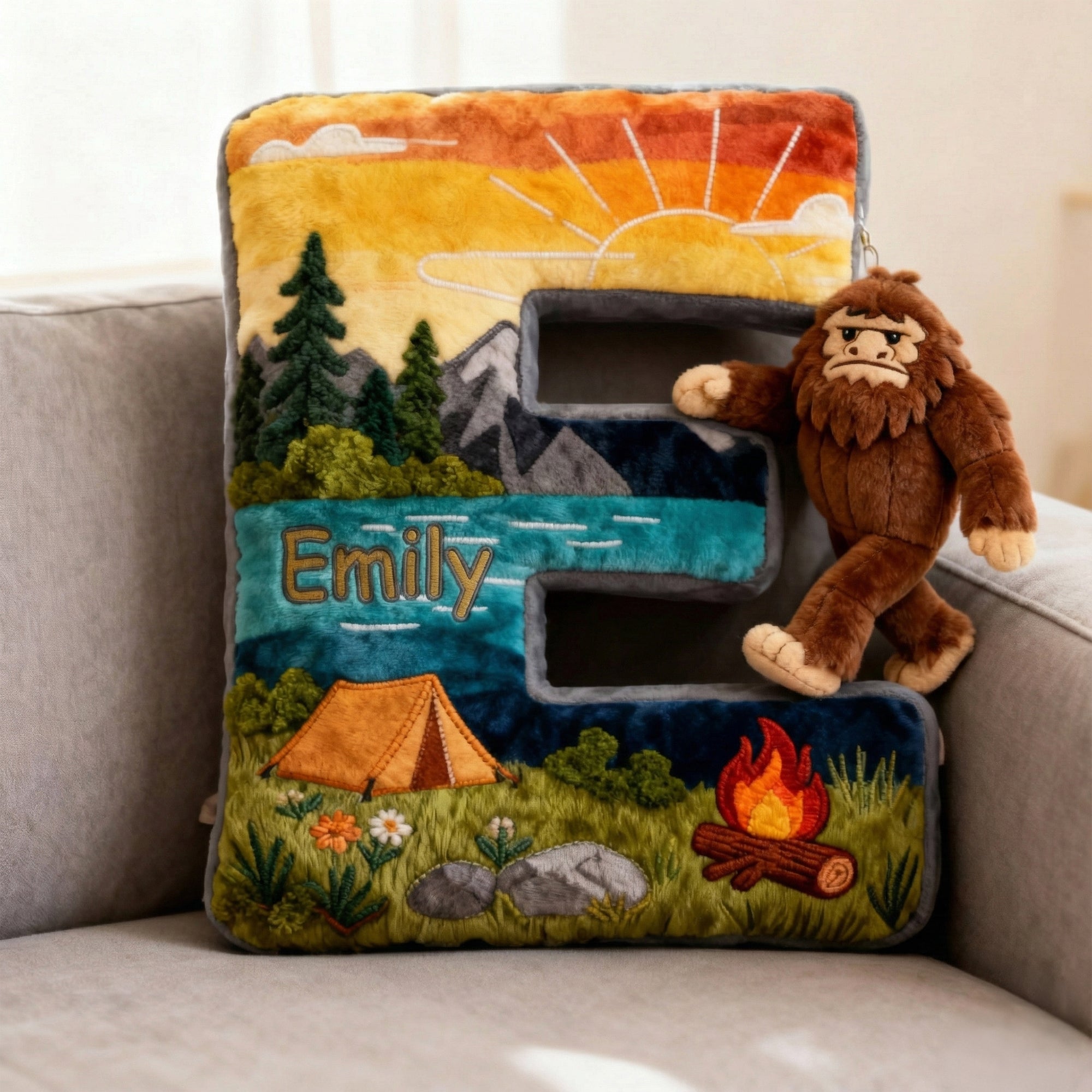“Adventure Awaits” - Sasquatch Camping Alphabet Initial Letter Pillow - Personalized Gift for Camping Lovers & Bigfoot Seekers