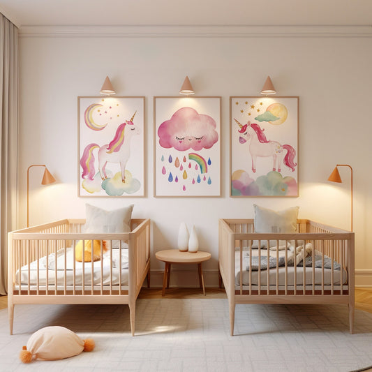 Magical Unicorn Art Print Set of 3, Kids Room and Nursery Wall Decor, Whimsical Fantasy Poster, Colorful Room Art, Unframed