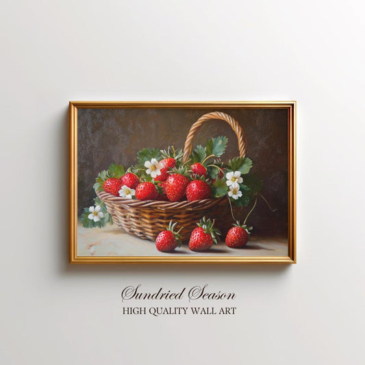 Strawberry Basket Still Life Poster, Rustic Kitchen Wall Art, Country Farmhouse Decor, Fresh Fruit Print, Vintage Botanical Artwork, Unframed