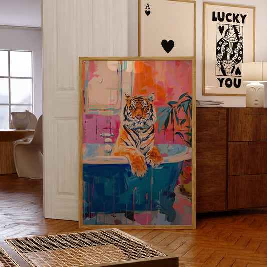 Unframed, Room Decor, Bathroom Wall Art, Maximalist Dopamine Decor, Tiger in a Bath Print, Preppy Wall Art, 5 size, 8x12 to 27x40 inch