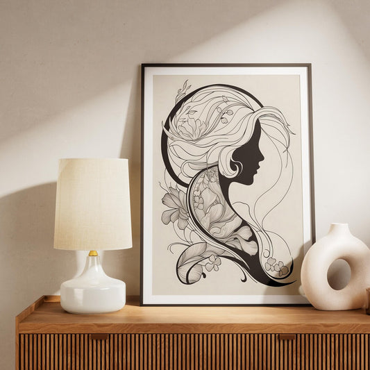 Floral Woman Silhouette Wall Art, Feminine Botanical Poster, Elegant Black And White Line Drawing Poster Room Decor, Unframed, 5 Sizes (8x12–27x40 inch)