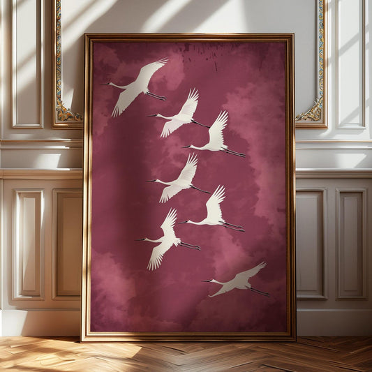 Flying Cranes Japandi Style Print Pink Burgundy White Bird Elegant Gallery Wall Art Vintage Artwork Room Decor, Unframed 5 size, 8x12 to 27x40 inch