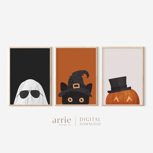 Halloween Wall Art Set of 3 – Peeking Ghost, Cat & Pumpkin Prints, Trendy Spooky Gallery Wall Decor, Room Art, Unframed, 5 Sizes (8x12 to 27x40 inch)