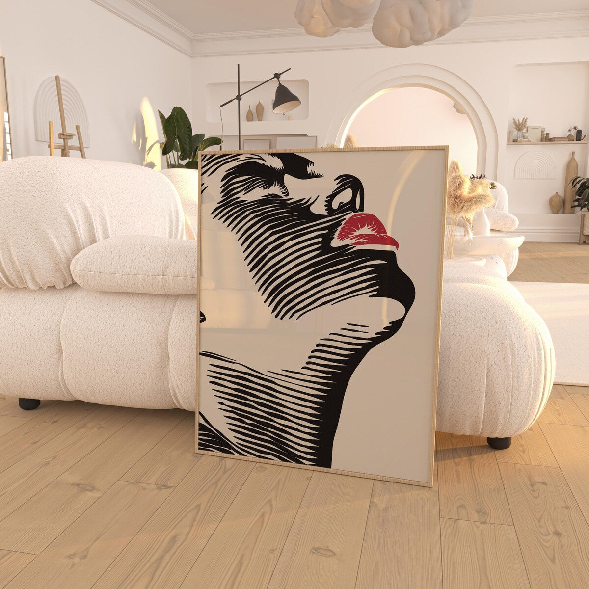 Modern Abstract Woman Silhouette Art – Minimal Red Lips Illustration, Contemporary Wall Print, Room Decor, Unframed