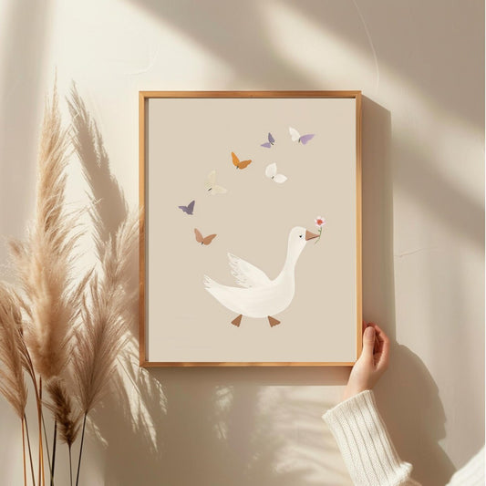 Silly Goose Nursery Print – Beige Farm Animal Wall Art, Whimsical Kids Room Decor, Unframed