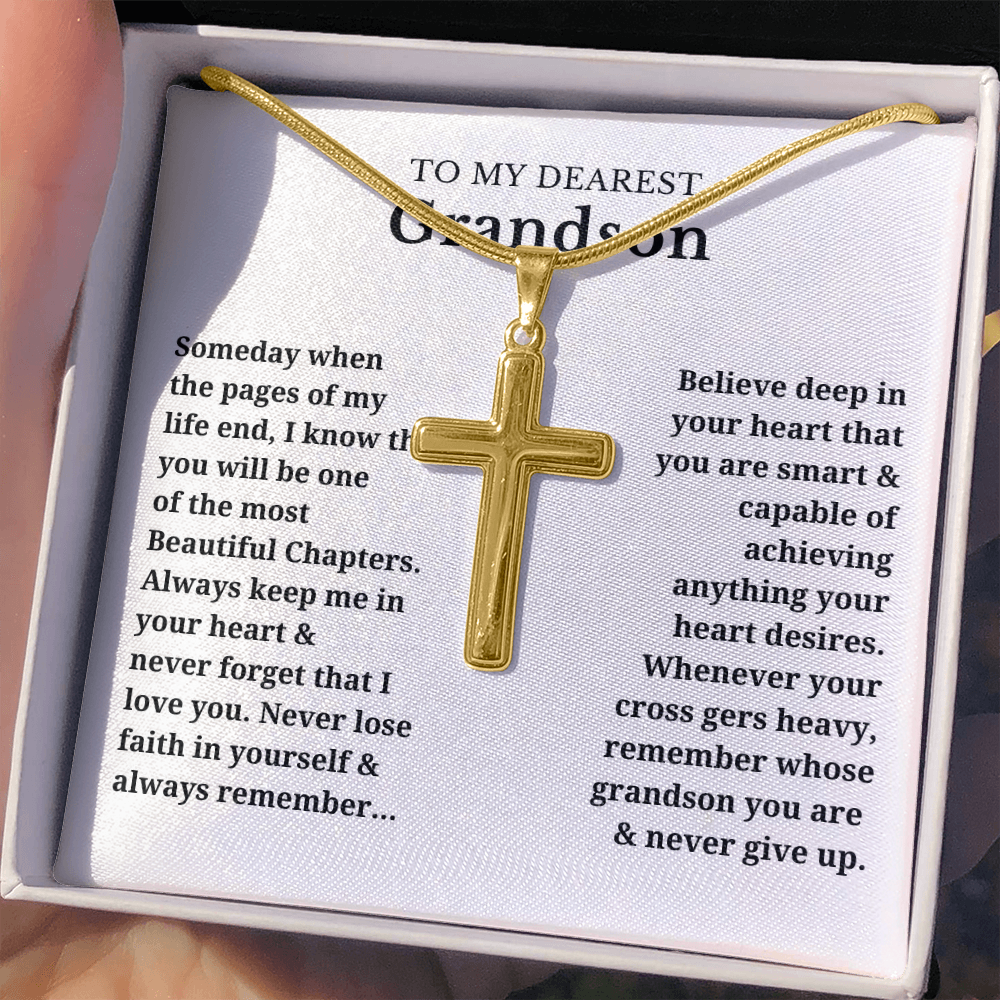 To My Dearest Grandson Artisan Cross Necklace with Snake Chain