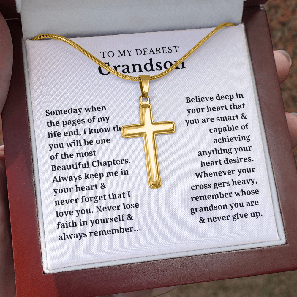 To My Dearest Grandson Artisan Cross Necklace with Snake Chain