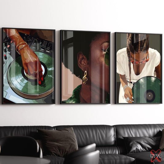 Unframed, Room Decor, Black Girl Music Wall Art Set of 3 Vinyl Record Turntable Art Black Female Music Decor Feminine Poster Dj Prints–  5 Sizes (8x12–27x40 inch)