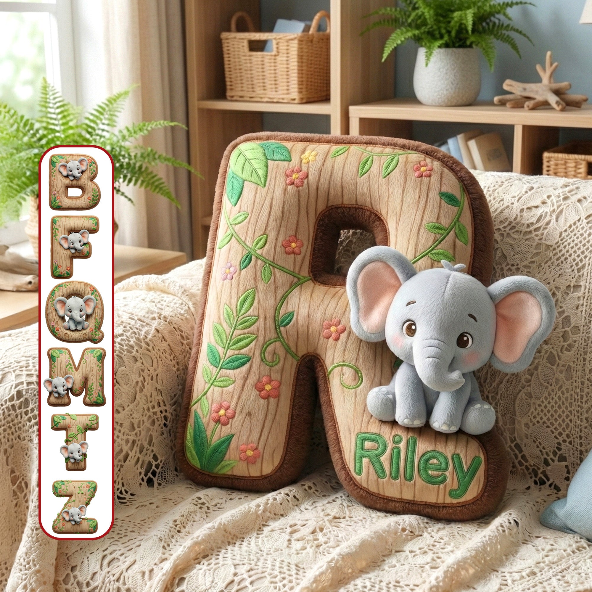 “Bring the Jungle Home” - Elephant Alphabet Letters Pillow - Personalized Gifts for Elephant Lovers