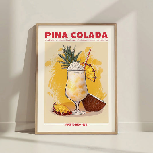Pina Colada Cocktail Print - Classic Recipe Retro Drink Poster for Home Bar & Mixology Decor, Unframe