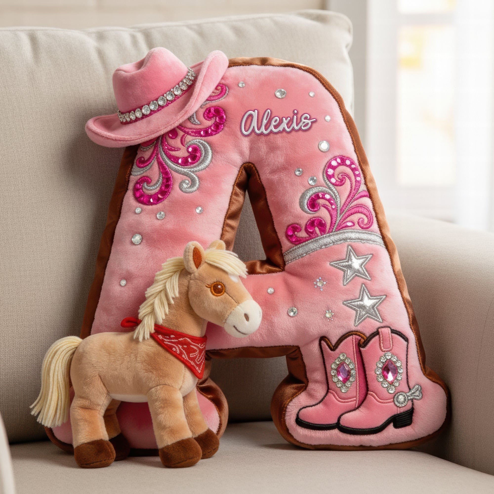 Personalized Cowgirl Alphabet Pillow – A Unique Gift for Horse Lovers