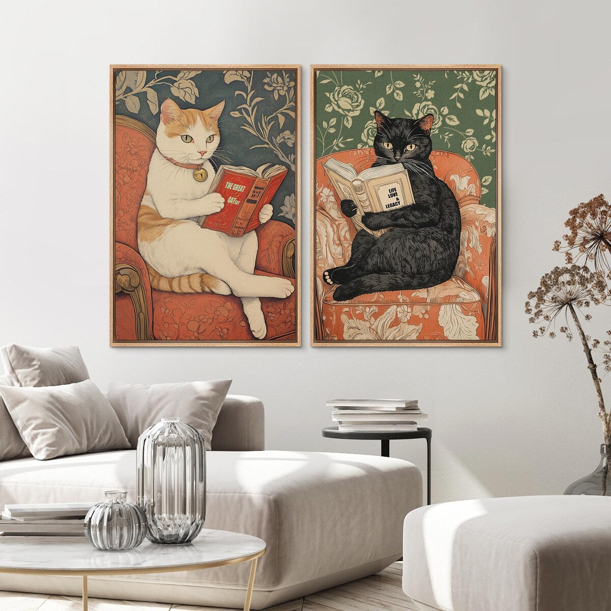2 Pieces Poster Wall Art Prints Cute Cat Reading Art Print Mid Century Modern Vintage Wall Art Living Room Wall Decor, Room Decor, Unframed – 5 Sizes (8x12–27x40 inch)
