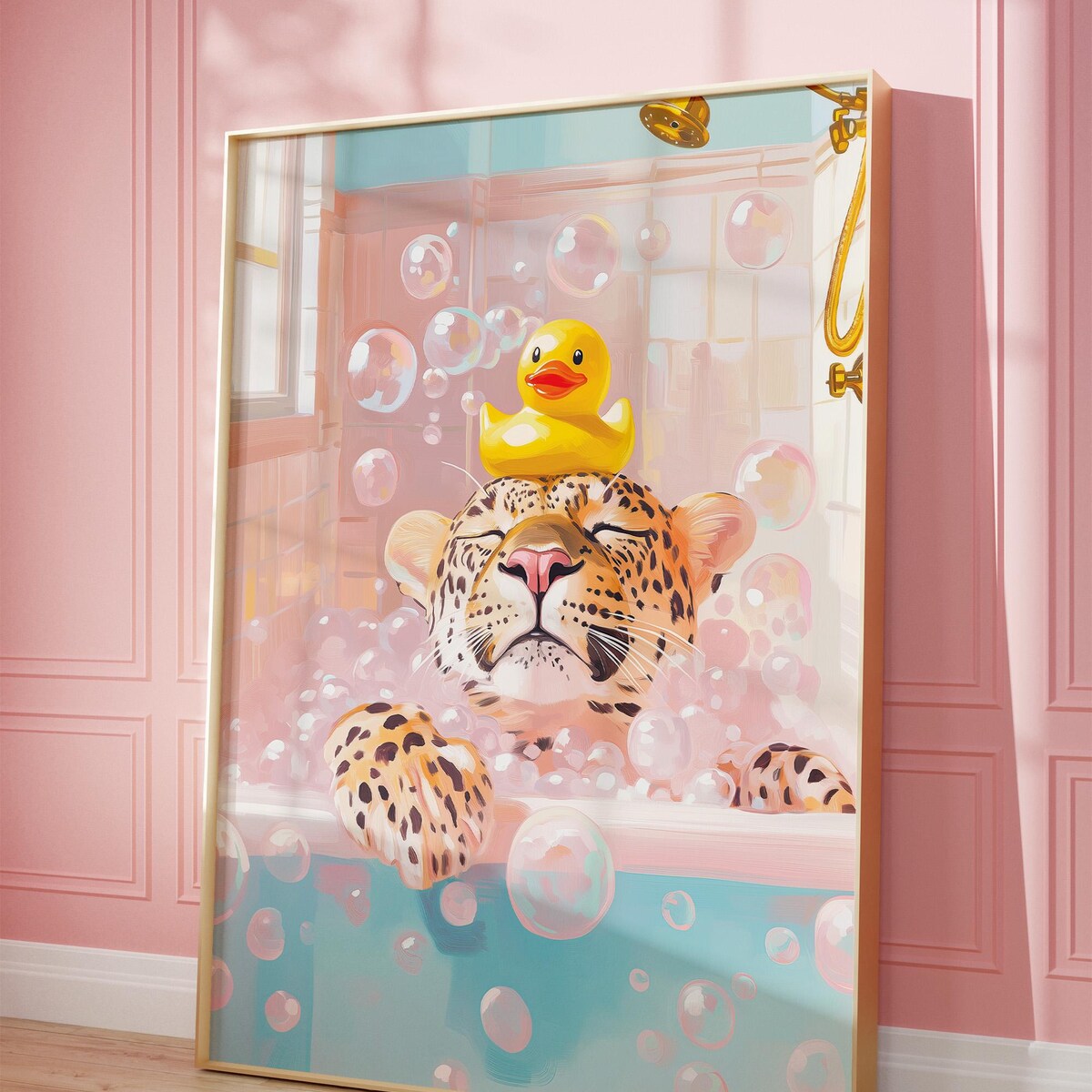 Leopard in Bathtub Wall Art - Pink & Teal Digital Print, Maximalist Decor Poster Unframed - 5 size, 8x12  to 27x40
