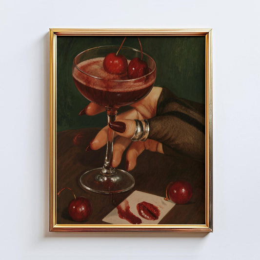 Red Drink Wall Art – Feminine Glam Print with Cherry Kiss, Dark Aesthetic Cocktail Illustration, Room Decor, Unframed